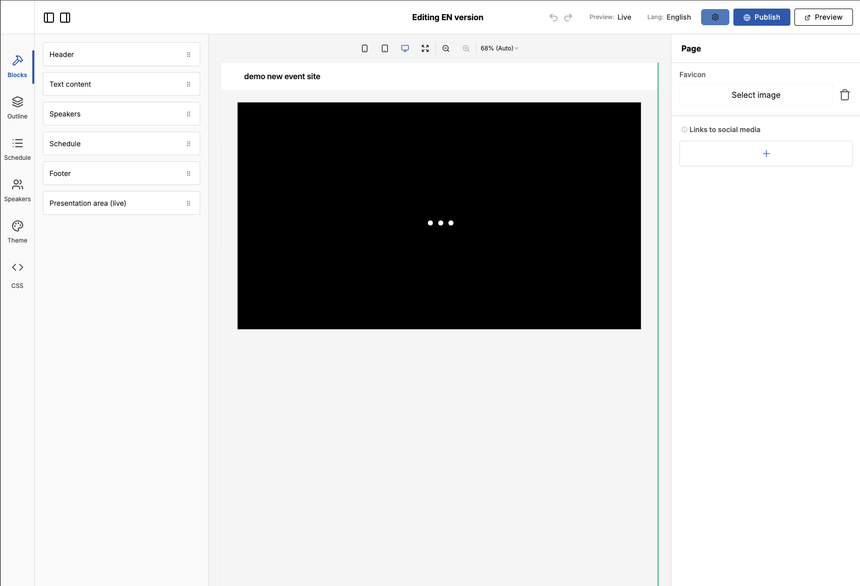 The new event site Layout Editor: components on the left, settings on the right