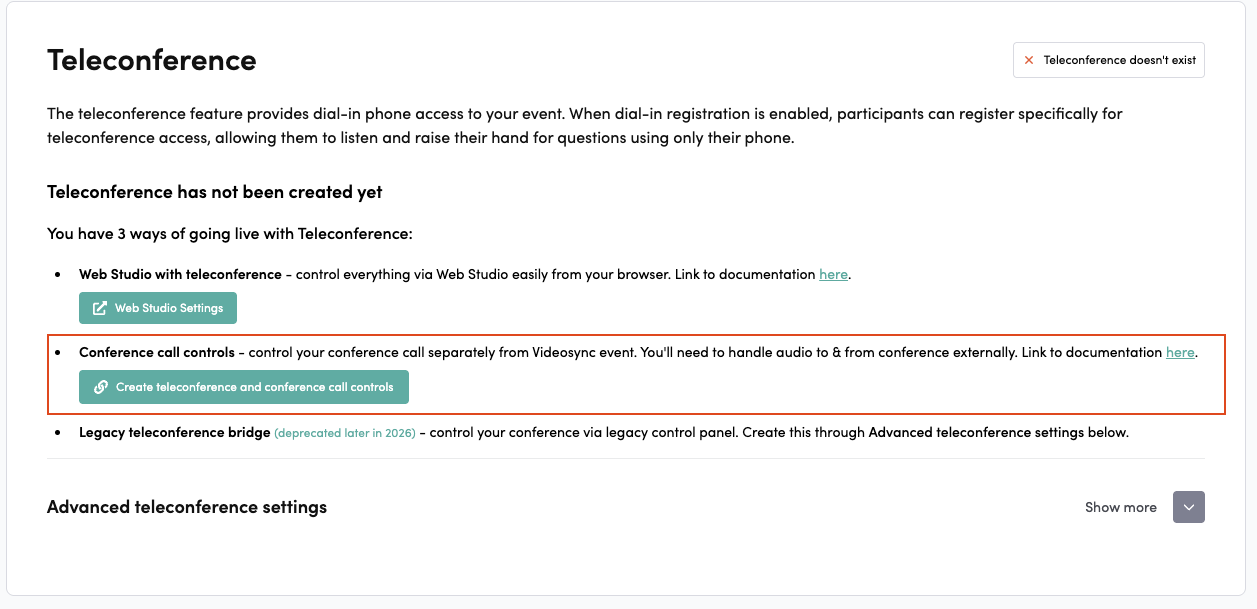 Teleconference admin options in Videosync