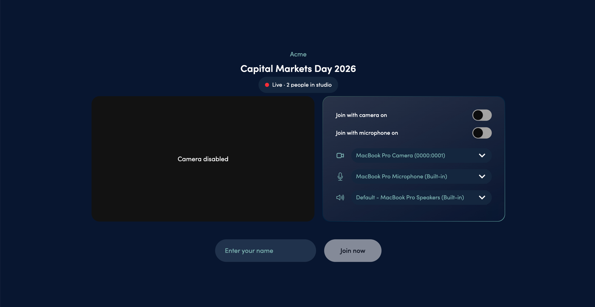 Event Studio lobby showing the Live indicator with participant count above the camera preview and join controls